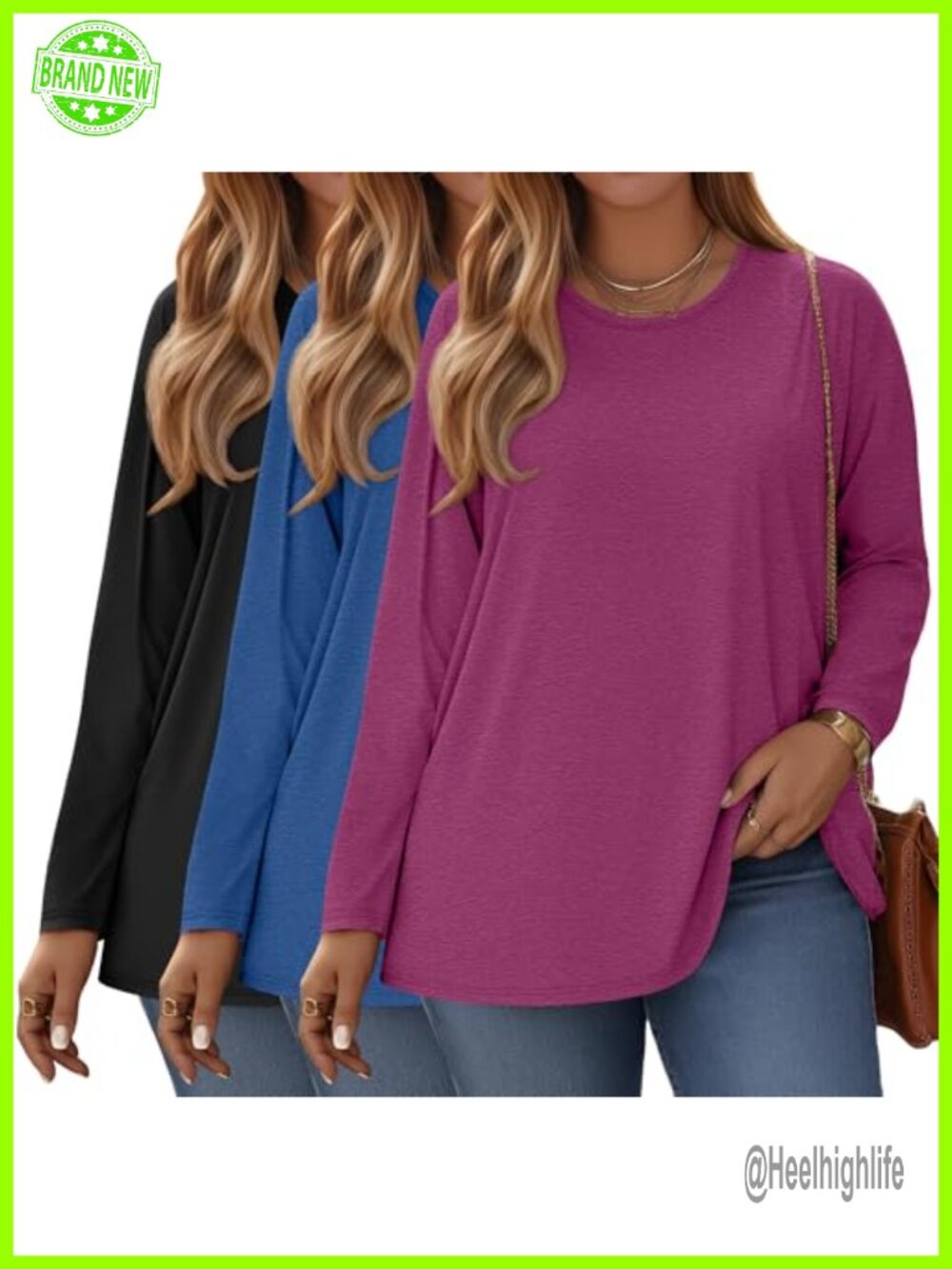 Plus Size 3 Pack Long Sleeve Crewneck Tops Tunic Tees